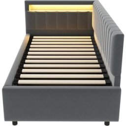 MODFU Cama infantil polipiel gris oscuro 90x200 cm con función almacenaje