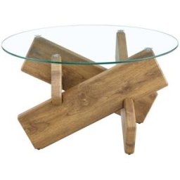OKWISH Mesa de centro redonda de vidrio transparente y madera 79x79x45 cm