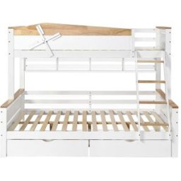 MODFU Litera blanca y natural de madera de 90 x 200 cm con dos cajones