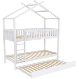 MODFU Cama alta blanca de madera de 90 x 200 cm con cama nido