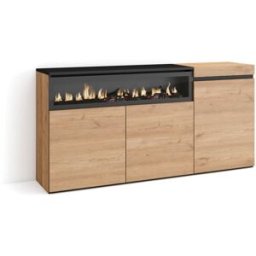 Skraut home Aparador efecto madera roble y negro 150x35x75cm chimenea efecto fuego