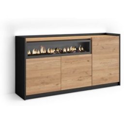Skraut home Aparador efecto madera roble y negro 156x37x80cm chimenea efecto fuego