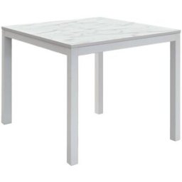 Konte.Design Mesa de madera, acabado mármol estatuario, metal blanco 90x90-180x90
