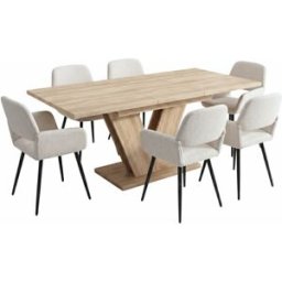 Urban Meuble Mesa extensible madera y 6 sillas crema, diseño contemporáneo