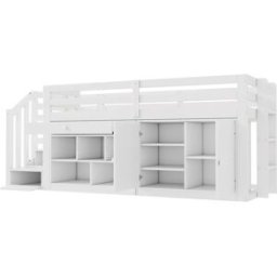MODFU Cama infantil de madera blanca 90x200 cm con espacio de almacenaje