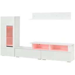 MODFU Mueble tv con led, vitrina, puertas acrílicas 170 cm blanco madera