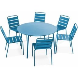 Oviala Mesa redonda de jardín y 6 sillas de metal azul pacífico