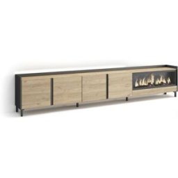 Skraut home Mueble tv efecto madera roble negro 315x35x61cm chimenea efecto fuego