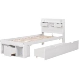 MODFU Cama infantil de madera blanca 90x200 cm con cajones y puerto usb
