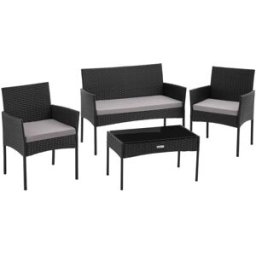 Tectake Conjunto de jardín de polirratán para 4 personas, resistente, negro