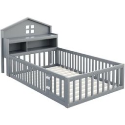 MODFU Cama infantil de madera gris 90x200 cm con espacio de almacenaje