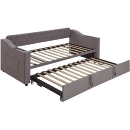 MODFU Cama infantil polipiel gris oscuro 90x190 cm con cama nido y usb