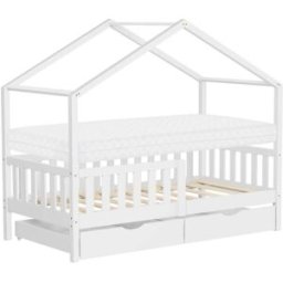 ML-Design Cama infantil casa de madera blanca 70x140 cm con colchón y 2 cajones
