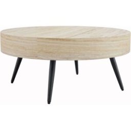 Urban Meuble Mesa de centro redonda efecto travertino y metal negro, 70x70 cm