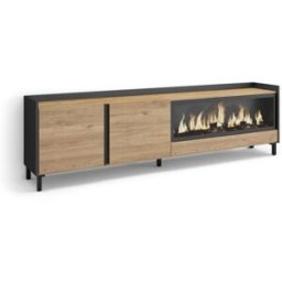 Skraut home Mueble tv efecto madera roble negro 212x35x61cm chimenea efecto fuego