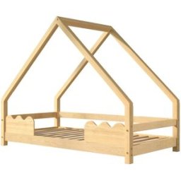 MODFU Cama infantil de madera natural 90 x 200 cm con forma de casa