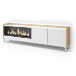 Skraut home Mueble tv efecto madera blanco roble 212x35x61cm chimenea efecto fuego