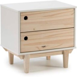 HOMN Mesita de noche 2 cajones color blanco, patas madera natural