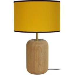 Tosel Lámpara de mesa columna madera pantalla amarillo mostaza