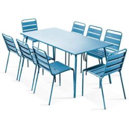 Oviala Conjunto mesa de jardín y 8 sillas de metal azul pacífico