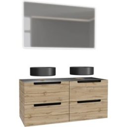 AURLANE Mueble de baño con 2 lavabos redondos y 1 espejo rectangular led
