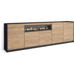Skraut home Aparador efecto madera roble y negro 263x37x80cm chimenea efecto fuego