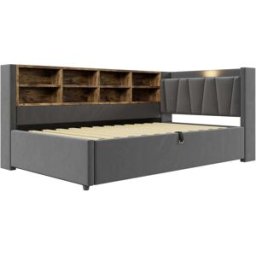 MODFU Cama infantil terciopelo gris 90x200 cm con espacio de almacenaje