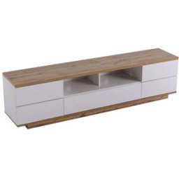 MODFU Mueble TV con 5 puertas y 2 nichos 180 cm, blanco y color madera
