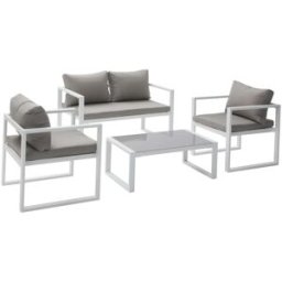 Happy Garden Conjunto de muebles de jardín de 4 plazas tela gris y aluminio blanco