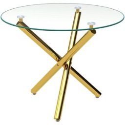 MODFU Mesa de comedor redonda de vidrio con patas metálicas 80x80x76 cm oro