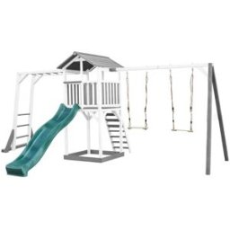 Axi Parque infantil con tobogán verde, columpio doble, madera, blanco/gris