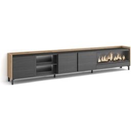 Skraut home Mueble tv efecto madera negro roble 315x35x61cm chimenea efecto fuego