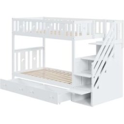 OKWISH Litera infantil blanca de madera maciza con almacenaje 90x200cm