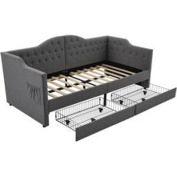 MODFU Cama infantil de lino gris 90x200 cm con 2 cajones