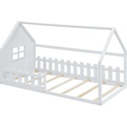 MODFU Cama infantil plana de madera blanca 90x200 cm con barandilla