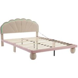MODFU Cama infantil terciopelo blanco y rosa 90x200 cm con led