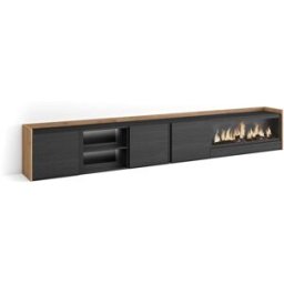 Skraut home Mueble tv efecto madera negro roble 315x35x50cm chimenea efecto fuego