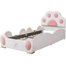 MODFU Cama infantil de piel blanca y rosa 90 x 200 cm con escalera