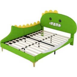 MODFU Cama infantil de polipiel verde 140 x 200 cm con forma de dinosaurio