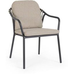 Konte.Design Conjunto de 4 sillas de jardín con cojines beige y respaldo de cuerda