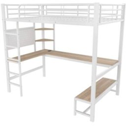 ComfortXL Cama alta 90x200 con escritorio, USB-C y LED en acero blanco