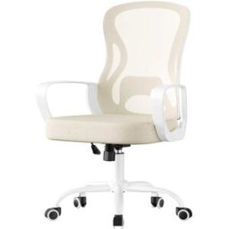 SONGMICS Silla ergonómica de malla con soporte y reposabrazos beige y blanco