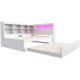 MODFU Cama infantil de madera blanca 90x200 cm con cama nido 90x190 cm