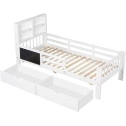 OKWISH Cama infantil de pino con cajones y pizarra 90x200 cm, blanca
