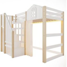 ComfortXL Cama alta infantil 90x200 cm con LED y cortina blanca natural