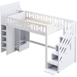 ComfortXL Cama alta infantil 90x200 cm con almacenaje y armario blanca