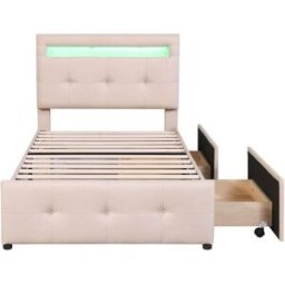 MODFU Cama infantil tapizada beige de 90 x 200 cm con 2 cajones