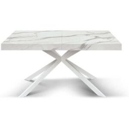 Konte.Design Mesa de madera blanca, patas en x blancas, extensible 160x90-240x90