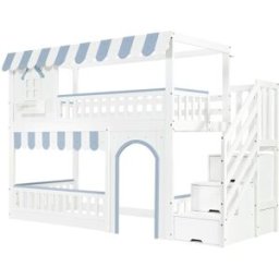 OKWISH Litera infantil blanca y azul de madera con almacenaje 90x200 cm