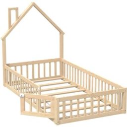 OKWISH Cama infantil natural de pino con chimenea 90x200 cm